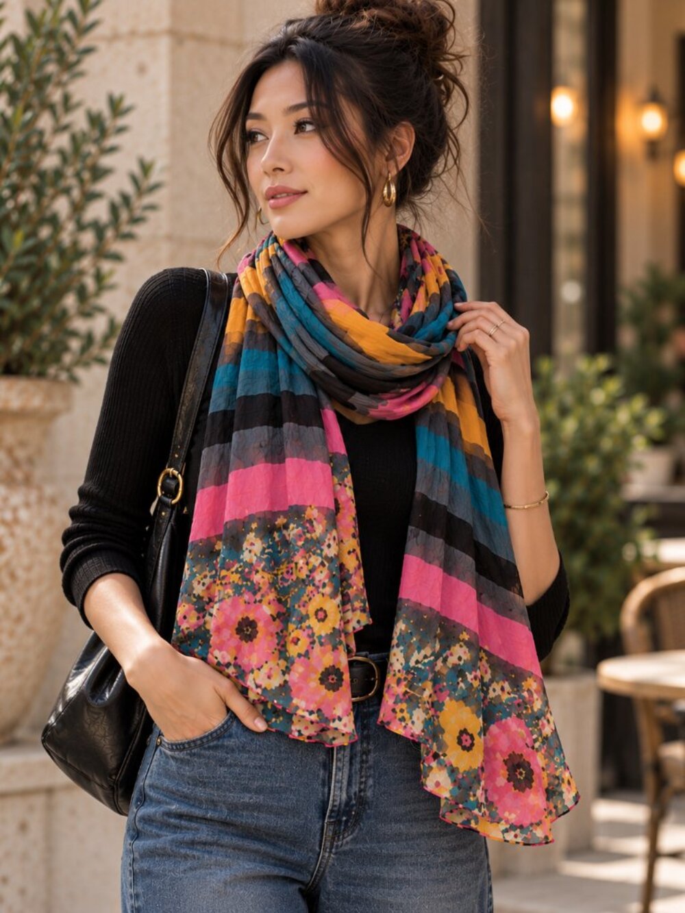 772 - Boho Floral Striped Crinkle Scarf Pink Teal Mustard Artsy Lightweight